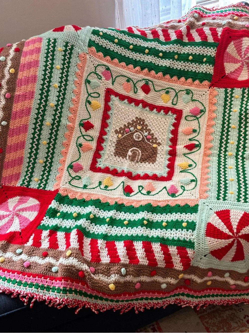 Handmade Holiday Gingerbread Crochet Throw Blanket - Red, Green, Cream